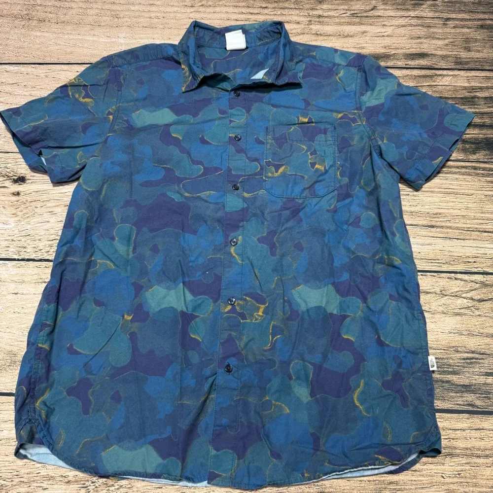 The North Face Button Down Shirt Mens XL Blue Camo Short Sleeve Cotton Outdoor